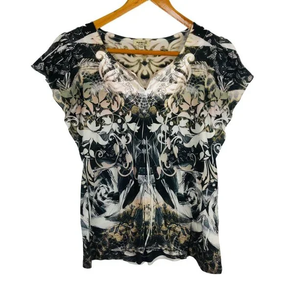 One World Womens Flutter Sleeve Top Sz Large Floral Pattern Embellished - Picture 1 of 11